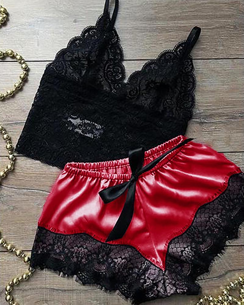 Eyelash Crochet Lace Satin Bowknot Cami Set