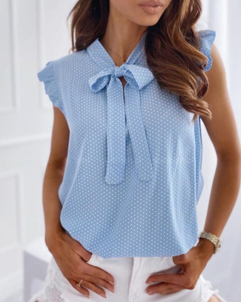 Dot Print Ruffles Sleeve Knotted Top