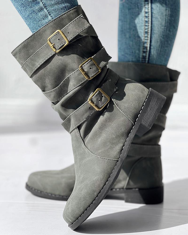 Buckled Vintage Chunky Heel Ankle Boots