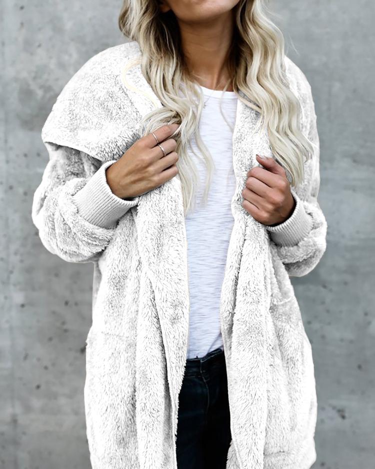 Warm Solid Pocket Design Hoodies Fluffy Coat