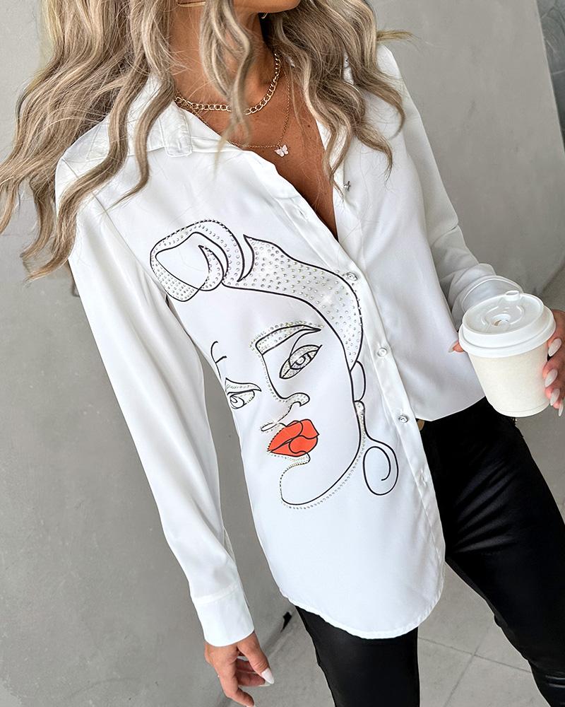 Figure Print Rhinestone Long Sleeve Top