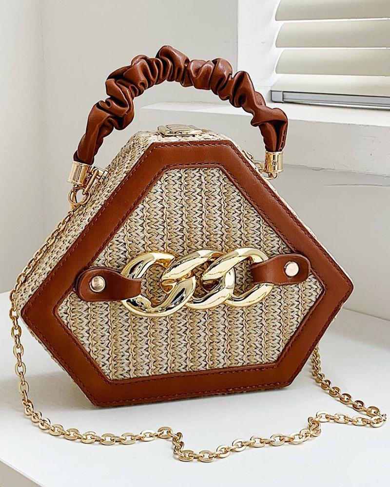 Trendy Chain Decor Top Handle Straw Geometrical Crossbody Bag