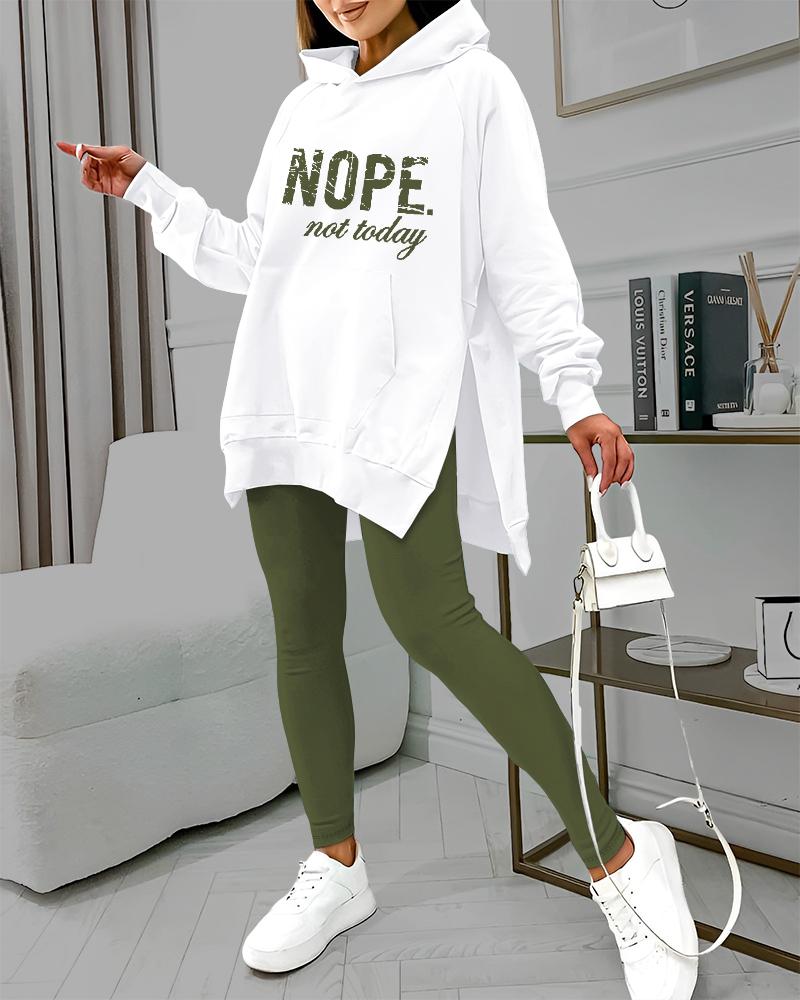 Nope Not Today Print Pocket Design Slit Hoodie & Pants Set