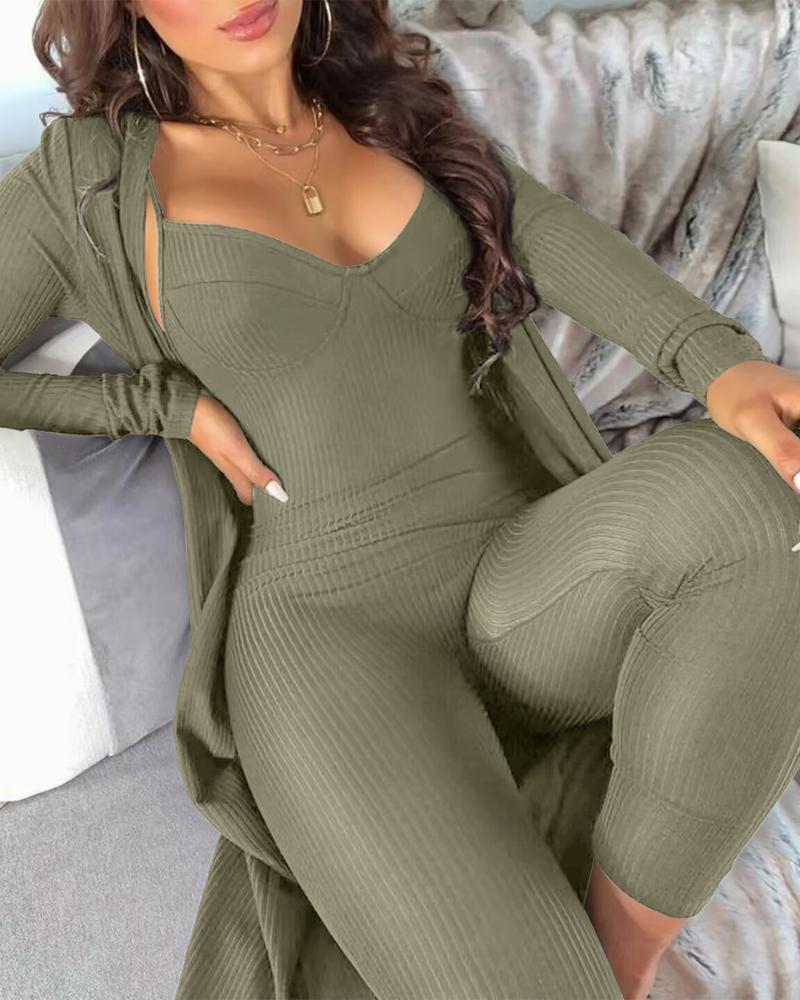 V Neck Spaghetti Strap Jumpsuit & Longline Coat