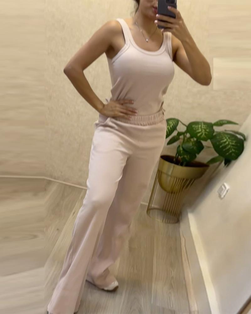 O neck Sleeveless Ribbed Top & Pocket Design Pants Set