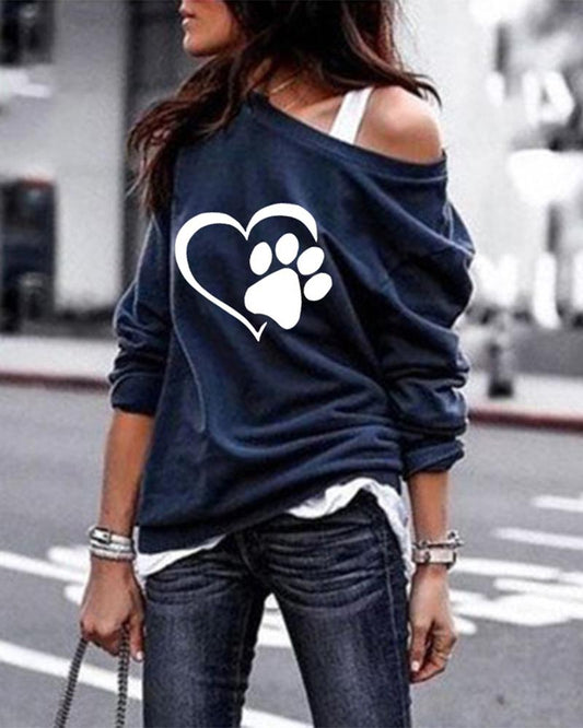 Paw Heart Print Long Sleeve Casual Sweatshirt