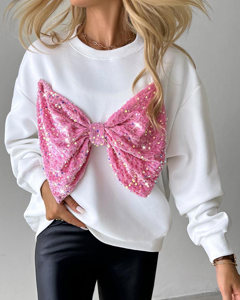 Round Neck Long Sleeve Contrast Sequin Bowknot Decor Sweatshirt