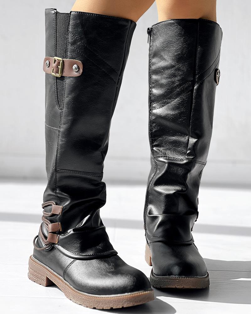 Side Zipper Buckled Round Toe Calf Boots