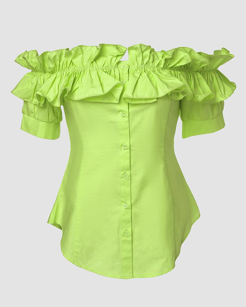 Off Shoulder Layered Ruffles Button down Asymmetrical Hem Top