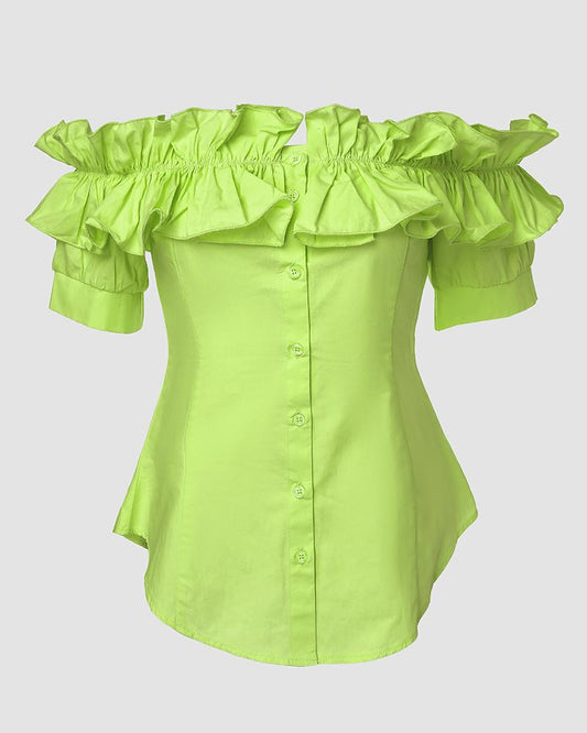 Off Shoulder Layered Ruffles Button down Asymmetrical Hem Top