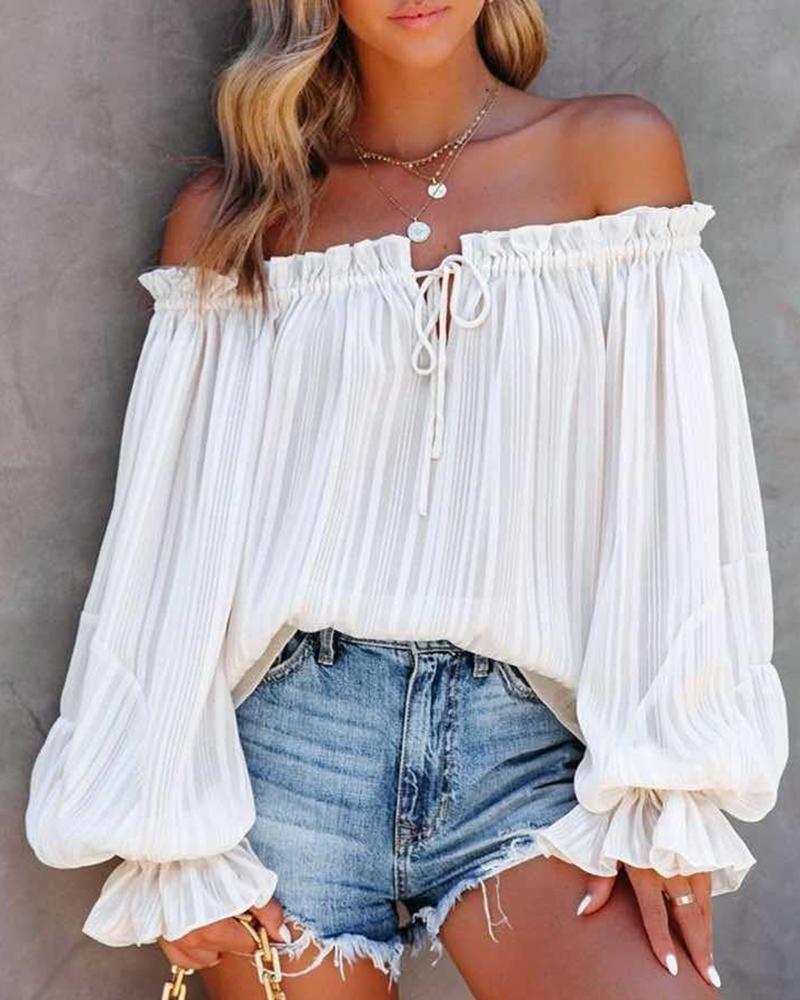 Off Shoulder Frill Hem Lantern Sleeve Top