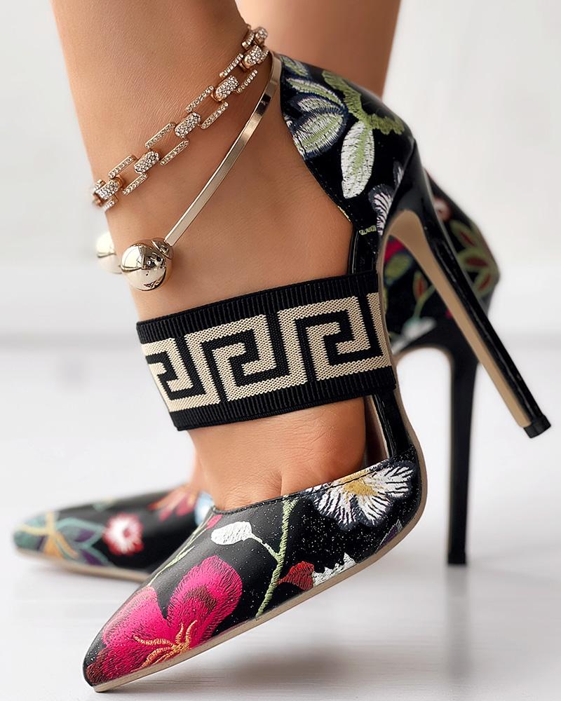 Floral Geometric Stiletto Heel Pumps