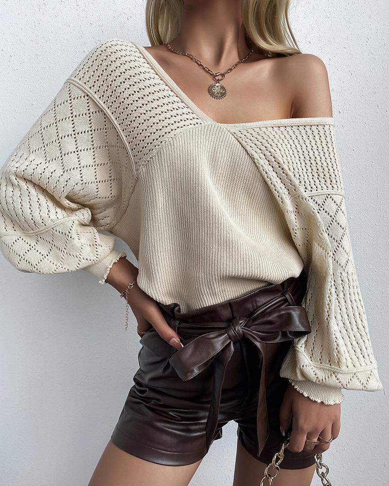 Bishop Sleeve V Neck Open Knit Sweater