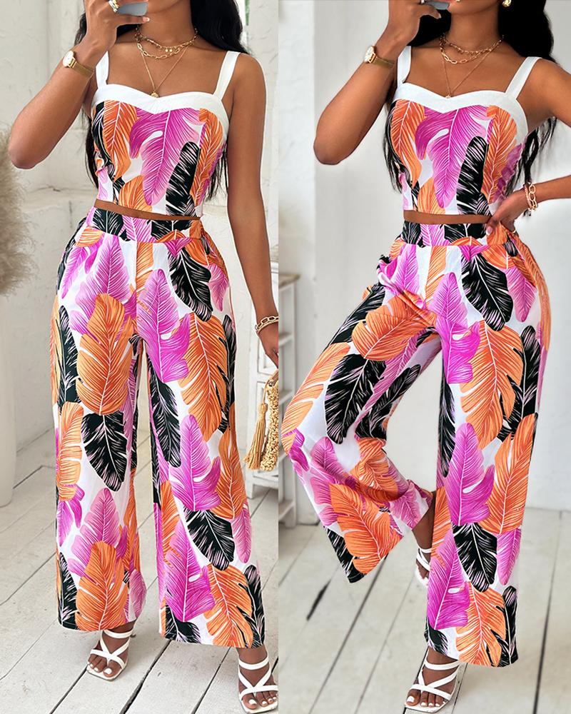 Tropical Leaf Print Crop Top & Wide Leg Pants Set