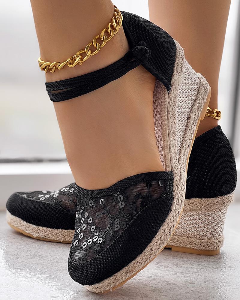 Embroidery Braided Espadrille Ankle Strap Wedge Sandals