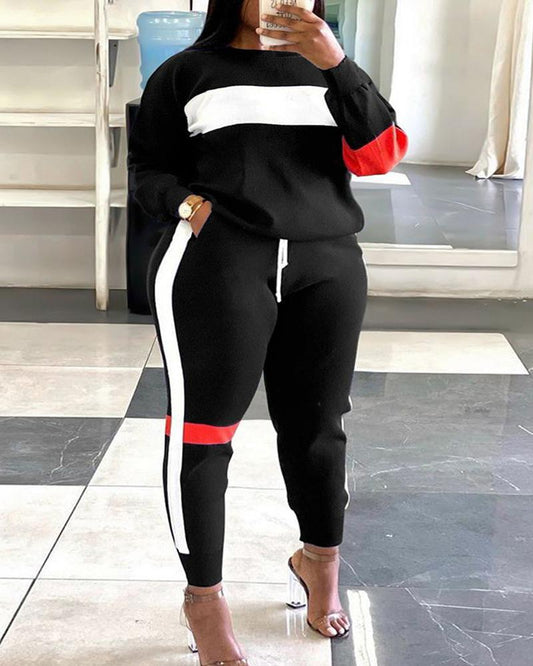 Plus Size Colorblock Sweatshirt & Striped Sweatpants Set