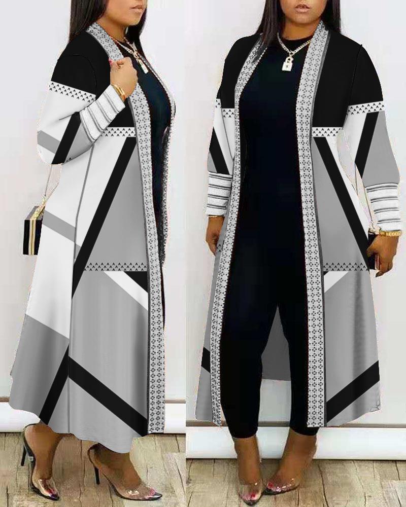 Plus Size Geometric Print Open Front Longline Coat