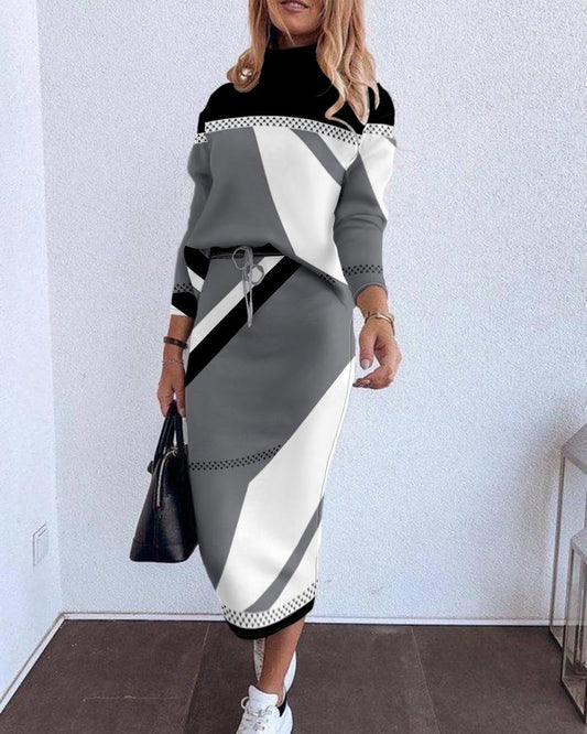 Geometric Print Mock Neck Sweatshirt & Drawstring Skirt Set