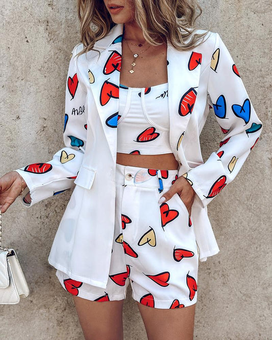 Heart Letter Print Cami Top & Shorts Set With Blazer Coat