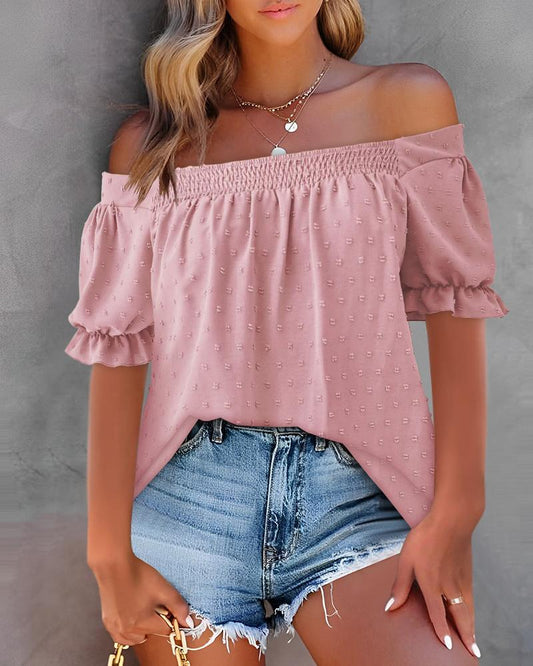 Off Shoulder Frill Hem Ruched Shirred Top