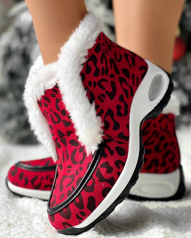 Leopard Fuzzy Detail Lined Warm Ankle Boots