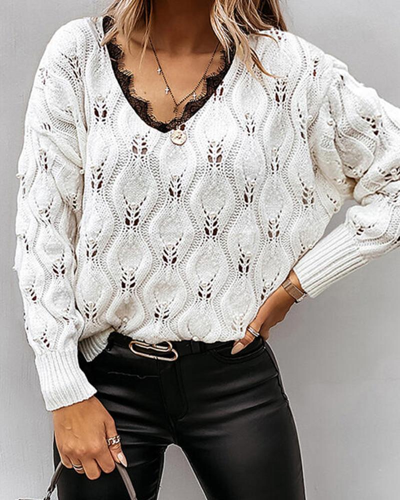 Contrast Lace V Neck Hollow out Sweater