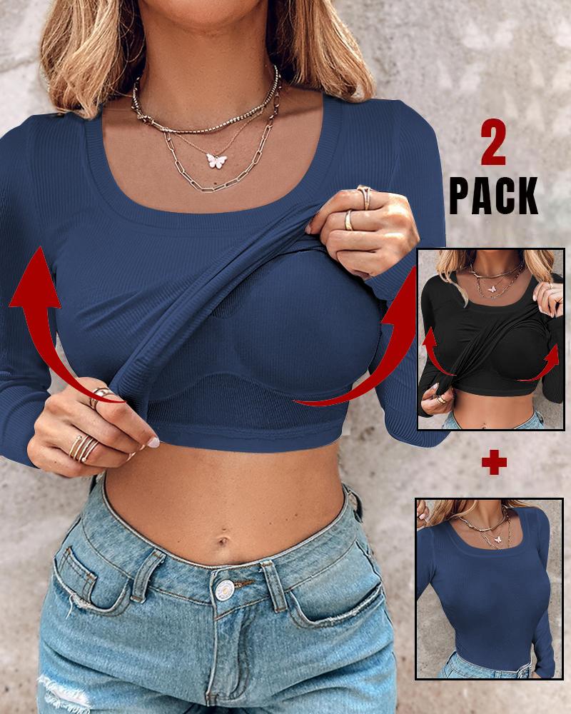 2 Piece U Neck Long Sleeve Athletic Tank Tops with Built In Bras Ribbed Design Casual Pack Top