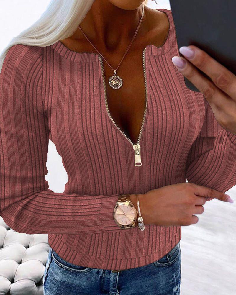 Zipper Design Ribbed Skinny Top