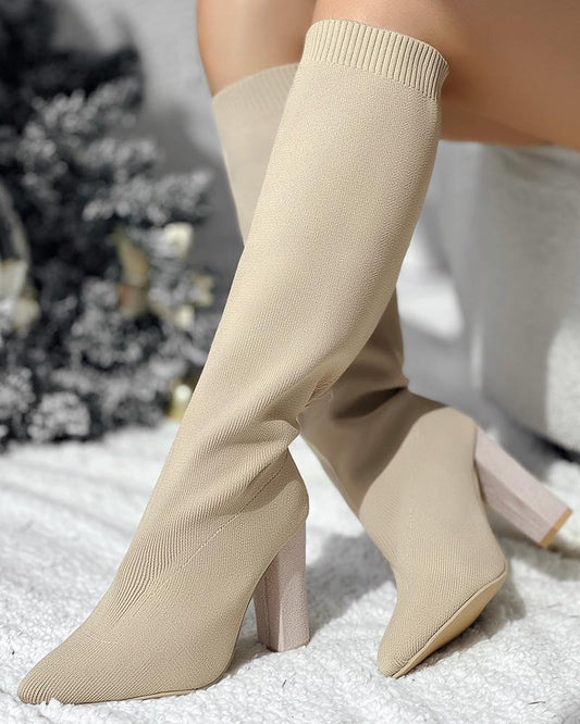 Point Toe Chunky Heel Calf Boots