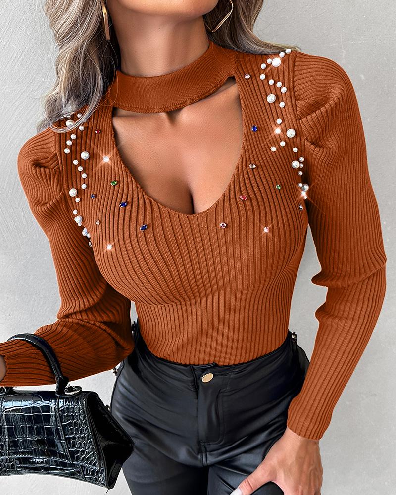 Keyhole Neck Rhinestone Beaded Knit Sweater