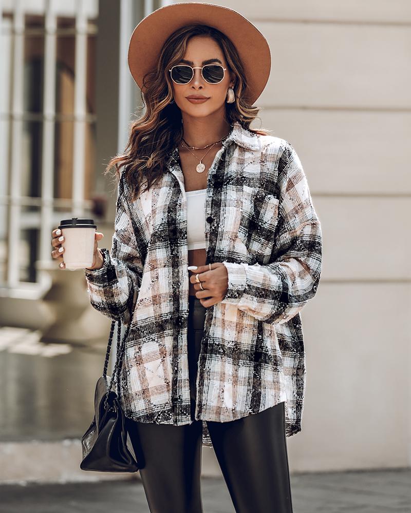 Plaid Pattern Long Sleeve Shacket Distressed Button Down Shirt