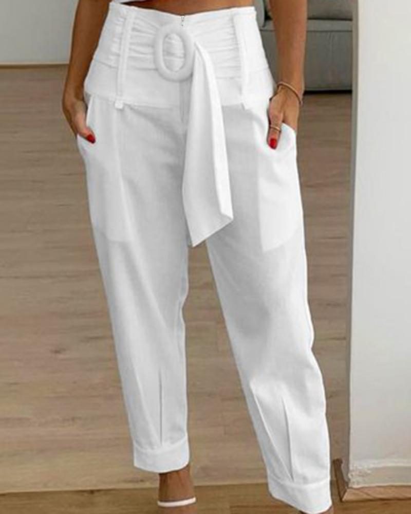 High Waist Belted Pocket Design Pants