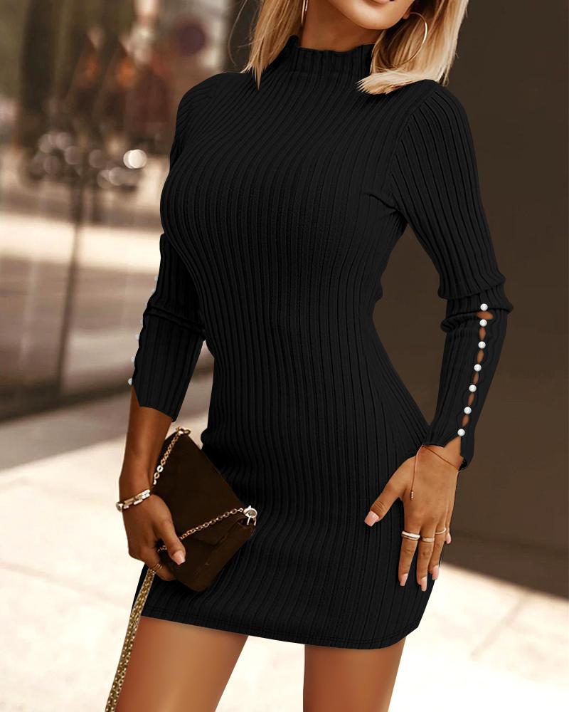 Mock Neck Beaded Knit Bodycon Dress