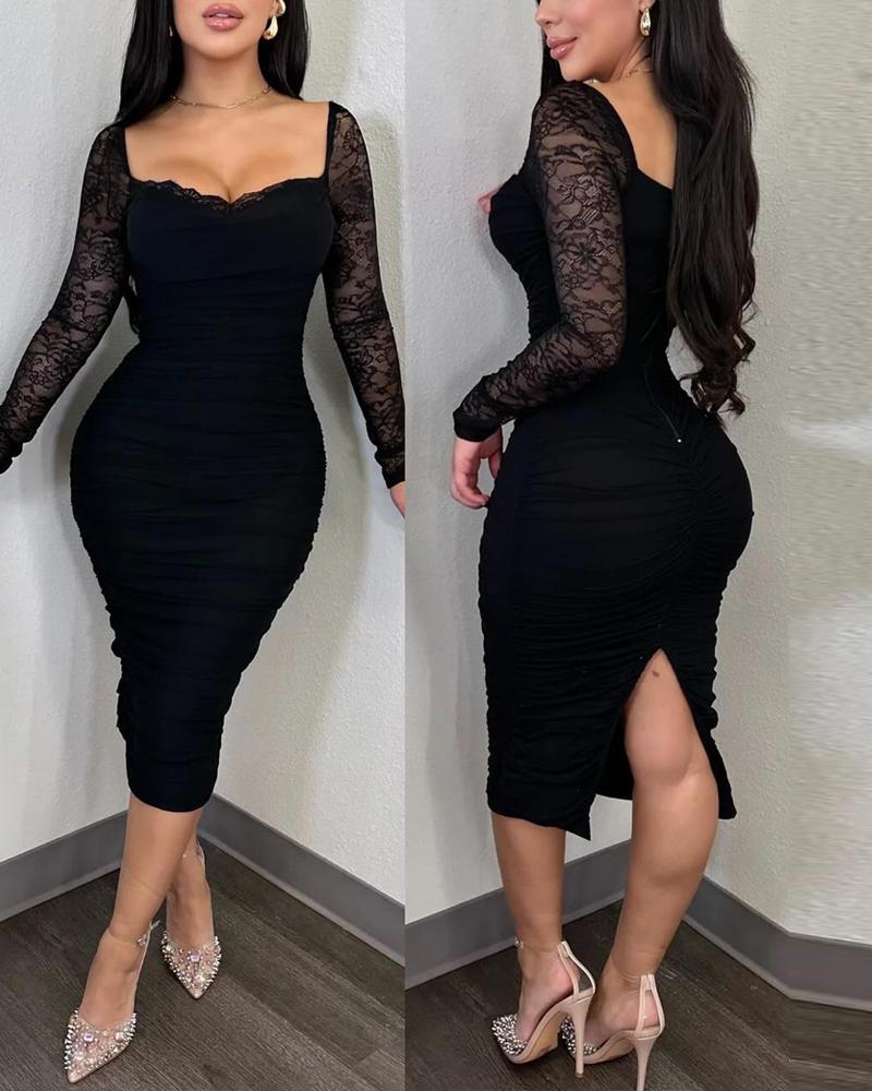 Long Sleeve Low Cut Slit Bodycon Lace Dress