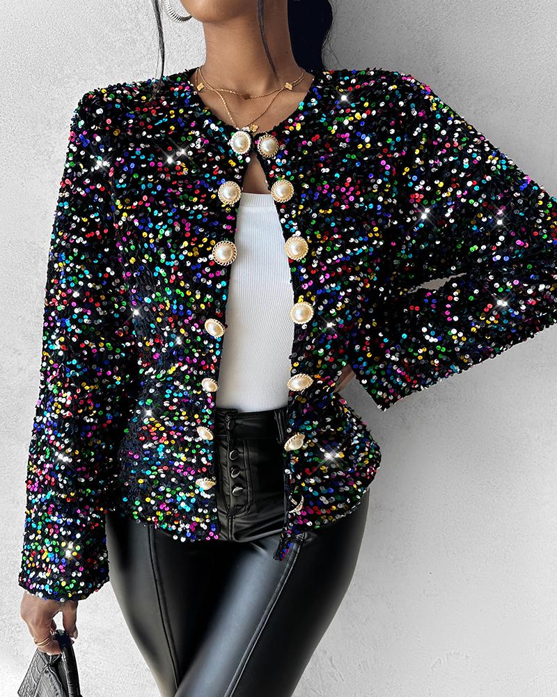 Colorful Allover Sequin Buttoned Coat