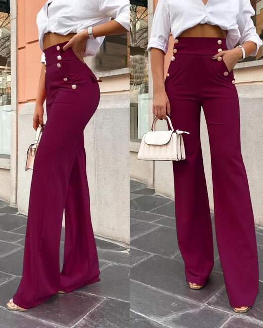 High Waist Pocket Design Buttoned Pants