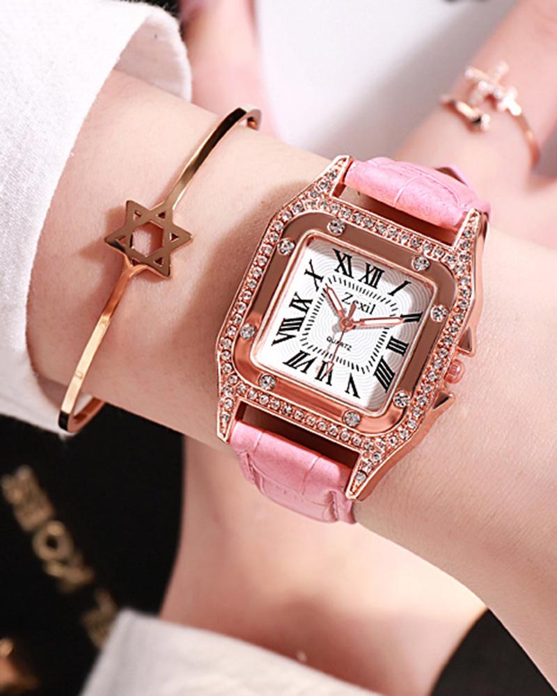 Rhinestone Decor Square Quartz Watch