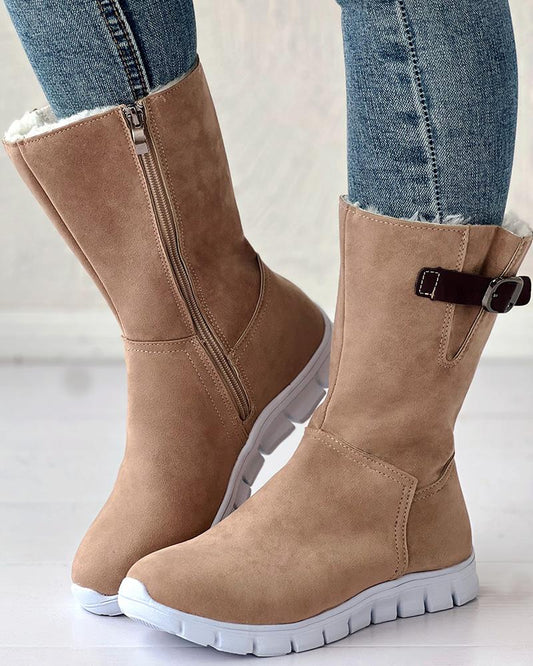 Side Zipper Buckled Lined Ankle Boots