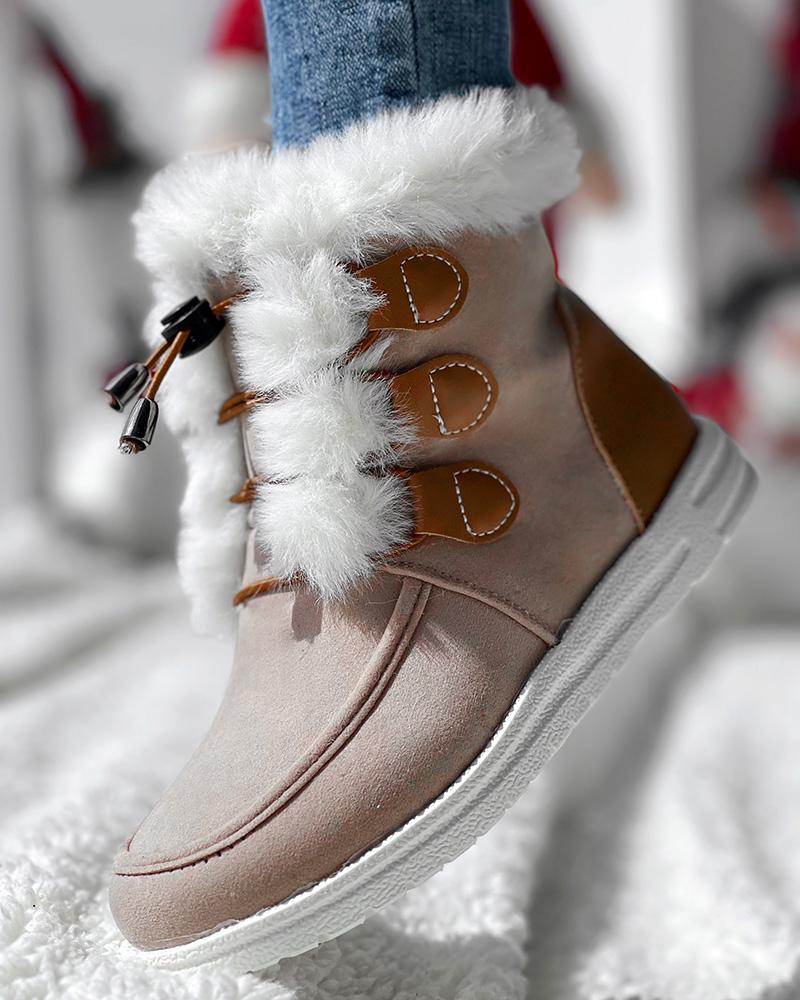 Drawstring Lace up Fuzzy Lined Ankle Boots