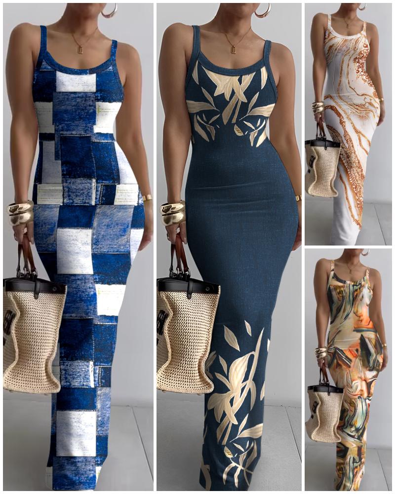 Marble Print U Neck Sleeveless Maxi Skims Dress