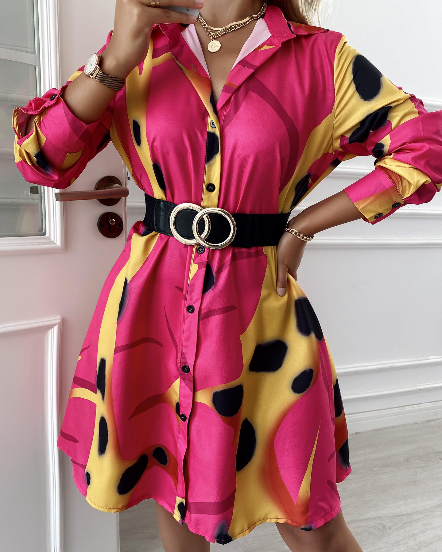 All Over Print Long Sleeve Buttoned Shirt Dress