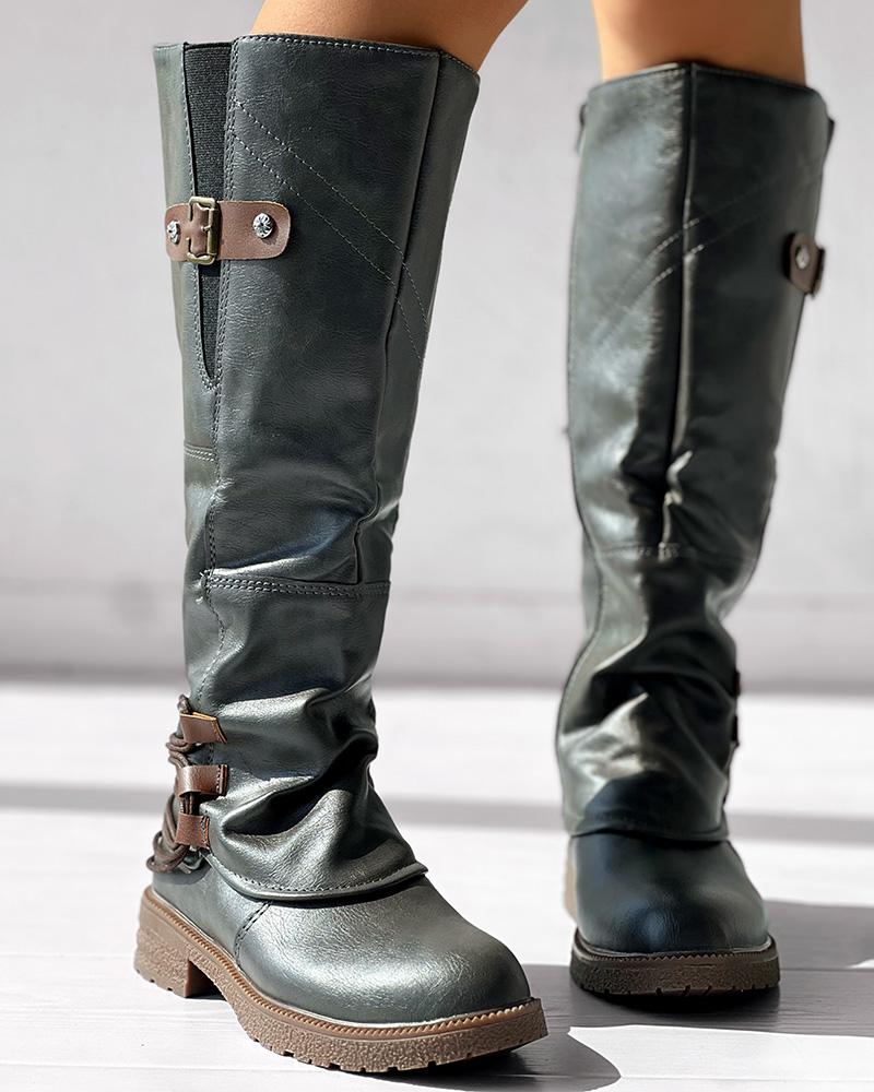 Side Zipper Buckled Round Toe Calf Boots