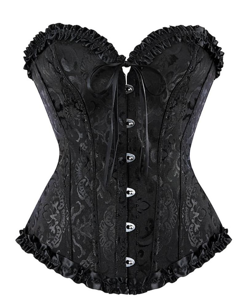 Baroque Pattern Tummy Control Overbust Boned Bustier Corset Eyelet Lace up Shapewear Top