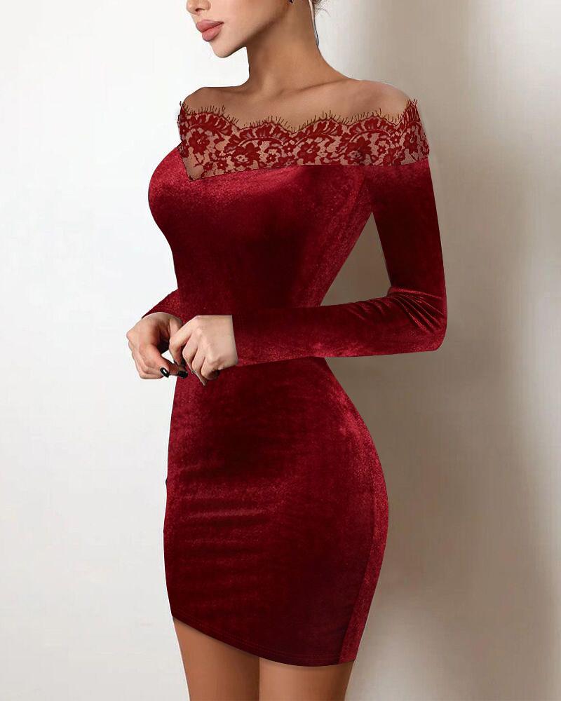 Eyelash Lace Off Shoulder Velvet Bodycon Dress