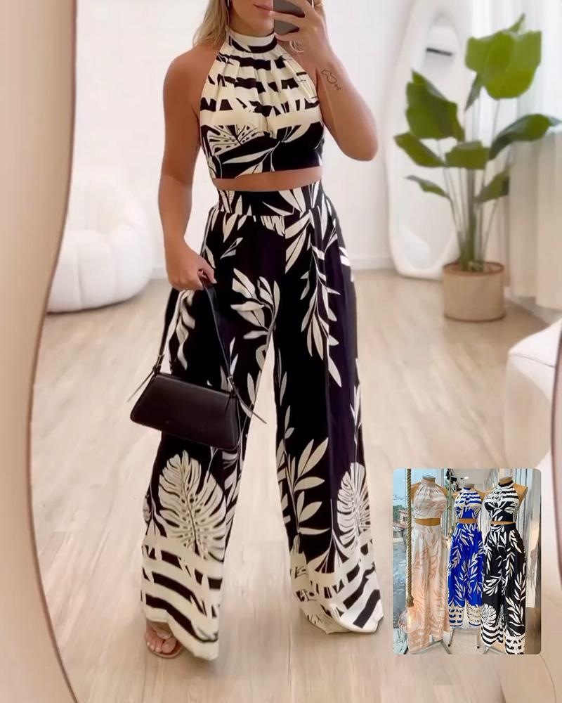 Tropical Striped Crop Top & Wide Leg Pants Set