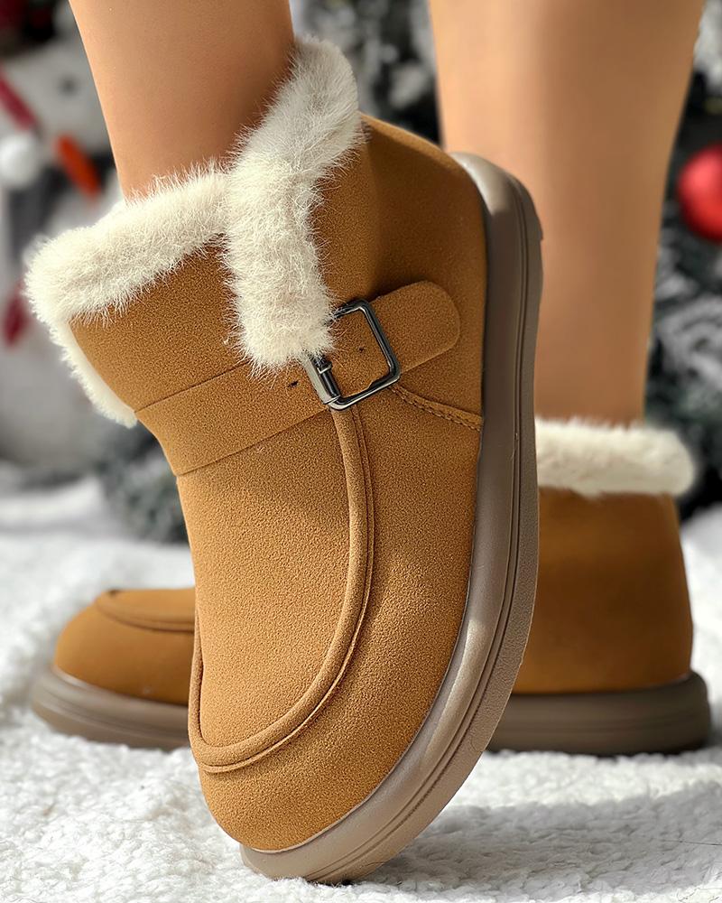 Buckled Fuzzy Lined Warm Ankle Boots