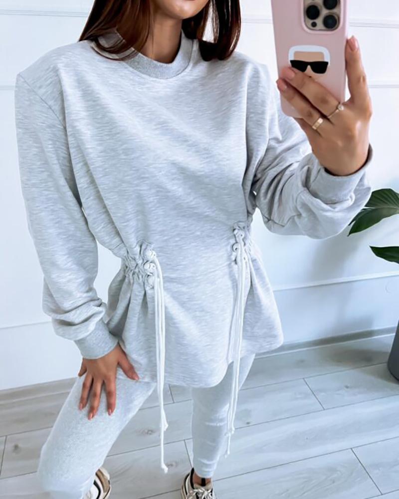 Drawstring Waist O Neck Long Sleeve Sweatshirt