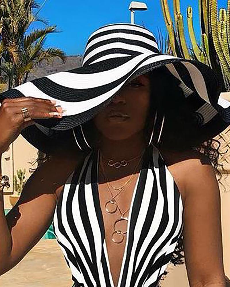 Wide Brim Striped Colorblock Straw Hat