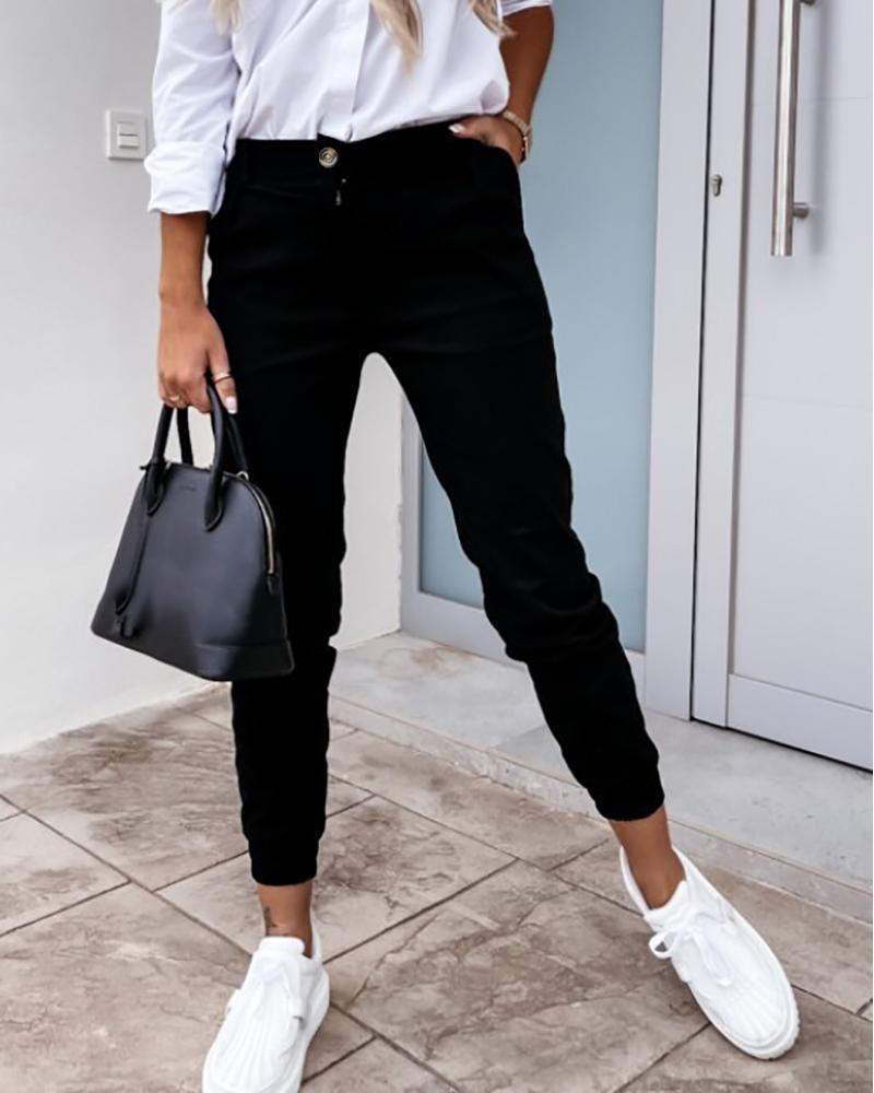 Pocket Button Design High Waist Casual Pants