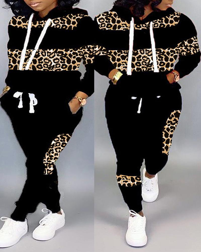 Plus Size Leopard Print Long Sleeve Hoodie & Pants Set